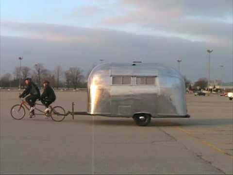 Airstream towed by bicycle 