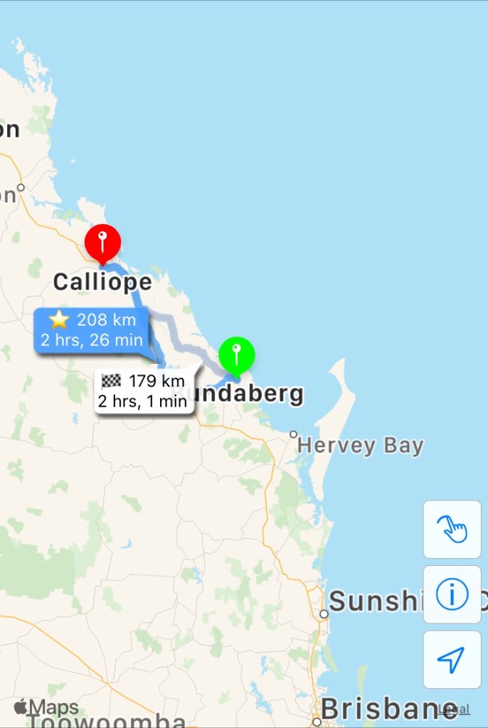 Map showing route Bundaberg to Calliope. 